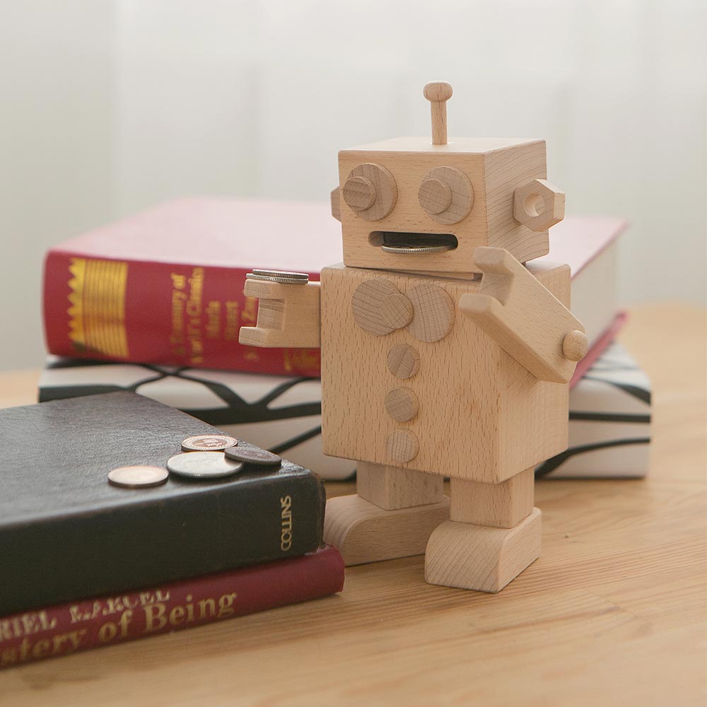DIY wooden robot piggy bank